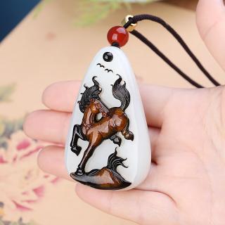 简瑶和田玉黑皮马到成功吊坠俏色巧雕马到成功高端玉石饰品一物一证
